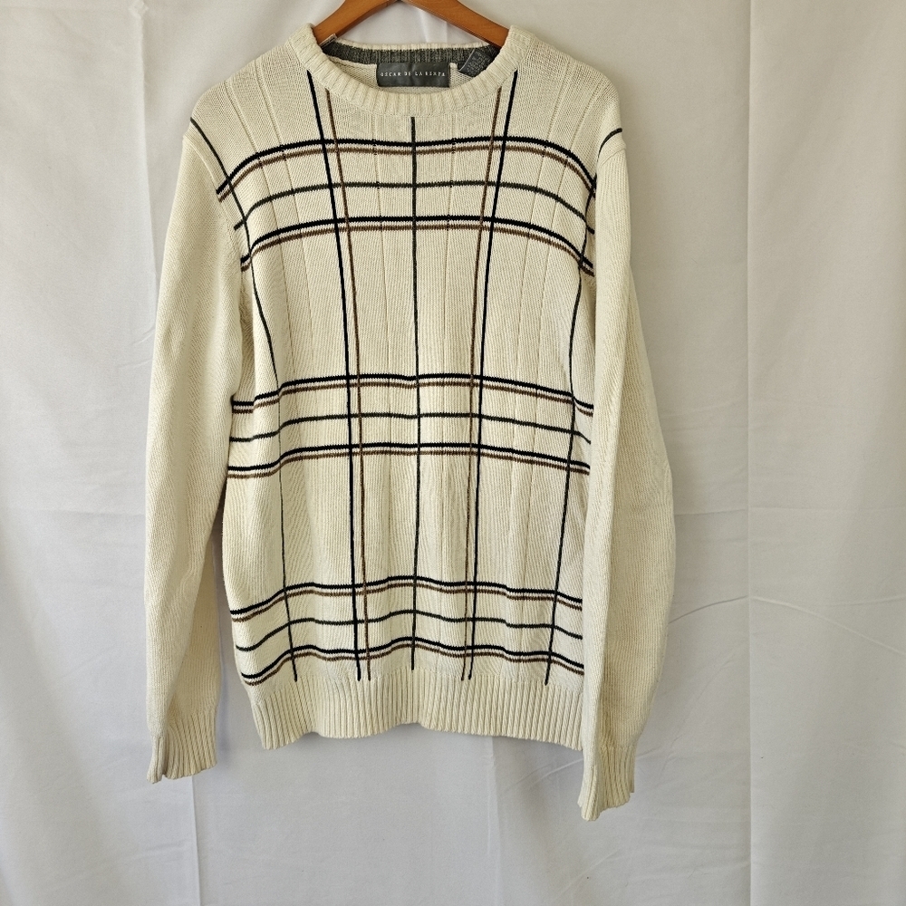 Oscar de la Renta Grandpa Knit Sweater Men's M Long Sleeve Cream Striped Cotton